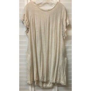 Umgee Womens Beige Textured Tunic Dress With Fringe Hem & Cutout Back Detail